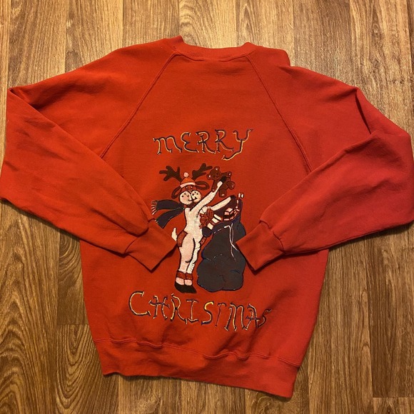 Vintage 90s Christmas Puff Paint Sweatshirt Adult Large Red Made In USA - Picture 2 of 4